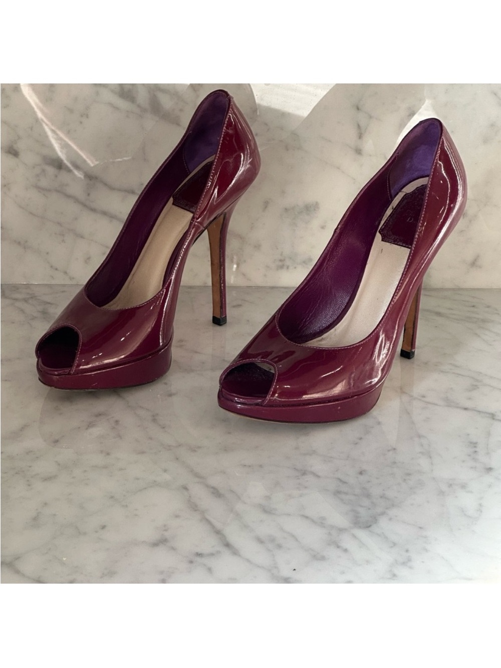 Authentic Dior Peep-Toe High Heel Pumps in Deep Burgundy